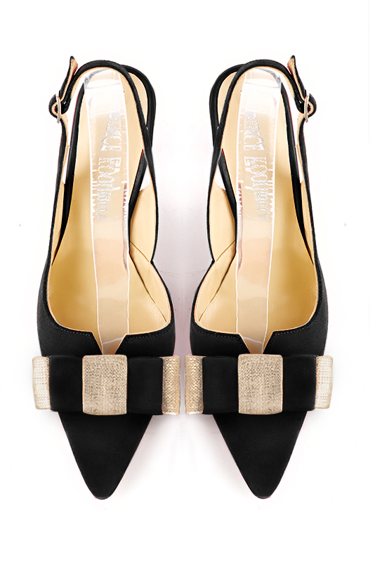 Matt black and gold women's open back shoes, with a knot. Tapered toe. Very high spool heels. Top view - Florence KOOIJMAN